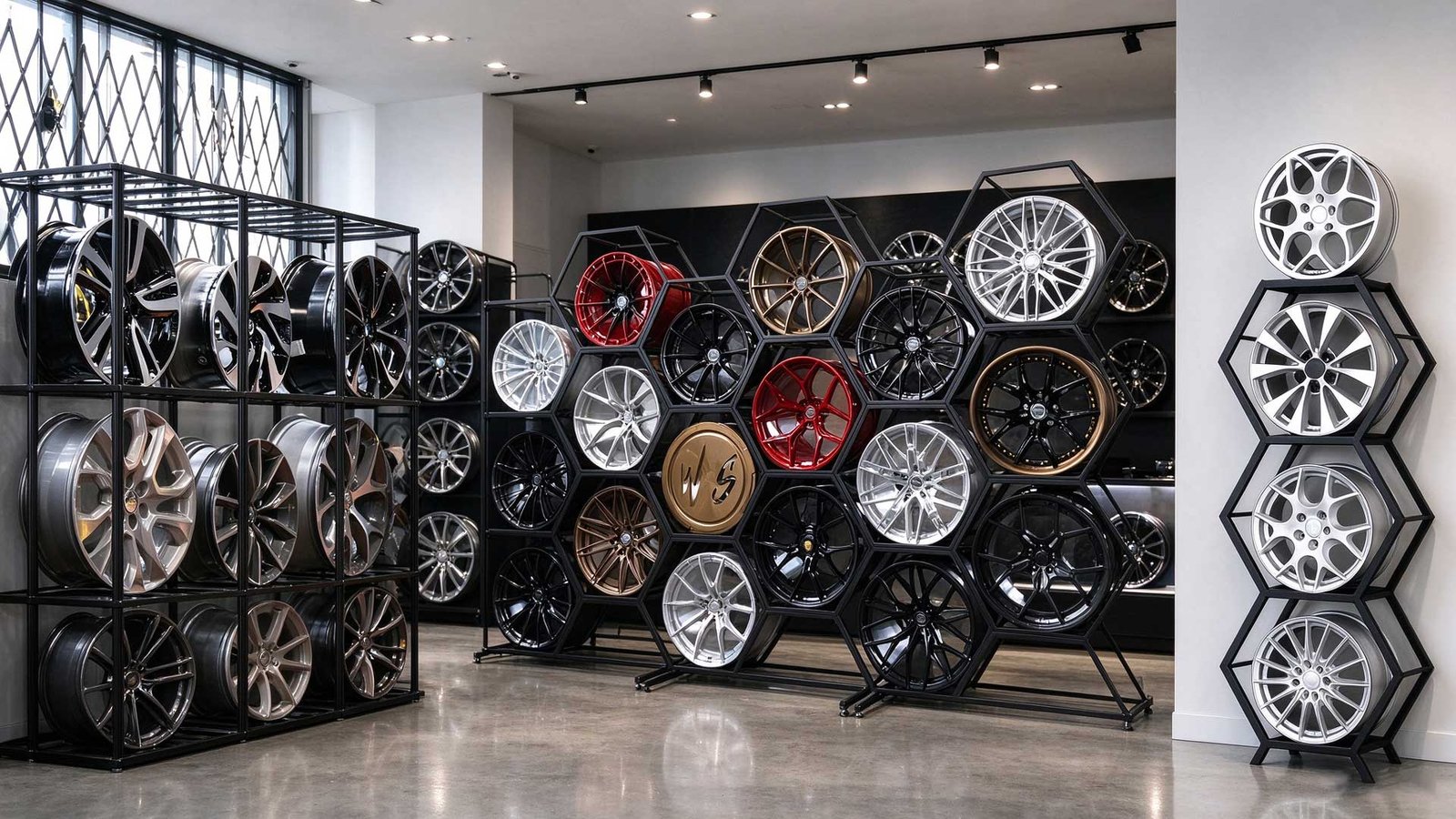 Modern forged wheel manufacturing showroom featuring custom monoblock, modular multi-piece rims, and hexagonal display racks