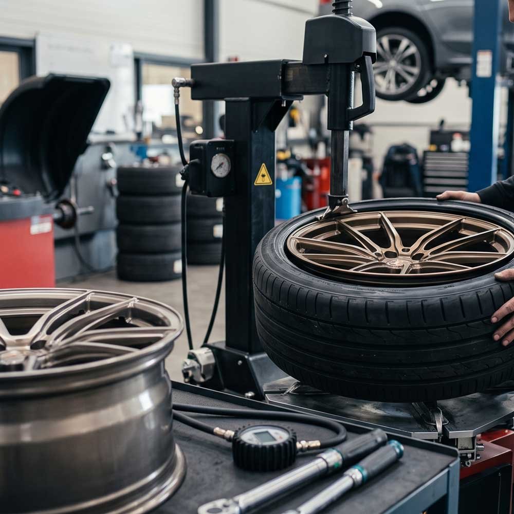Professional technician mounting a low-profile tire onto a bronze custom forged alloy wheel using a tire changer machine, illustrating proper wheel-to-tire matching and plus-sizing.