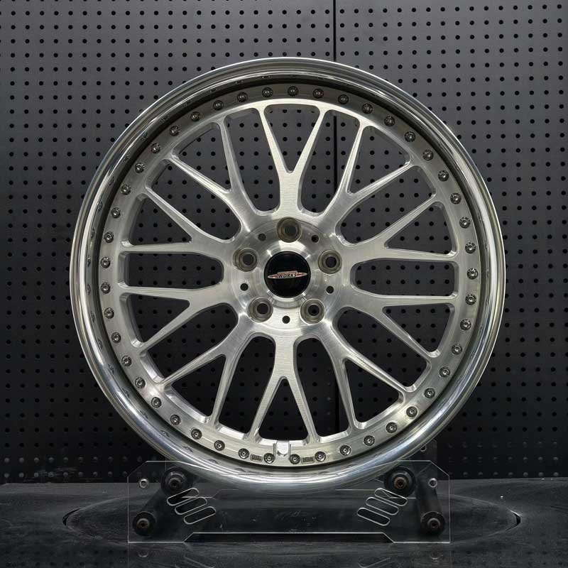 XL-DUAL-SERIES-001 Brushed Two-Piece Forged Wheel - Front Face XL DUAL SERIES-001 two-piece modular forged wheel front face with brushed silver mesh and polished stepped lip