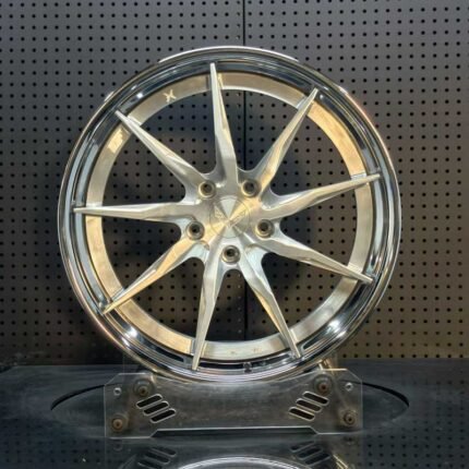 XL DUAL SERIES-005 two-piece modular forged wheel front face with brushed silver 9-blade turbine spokes and polished stepped lip