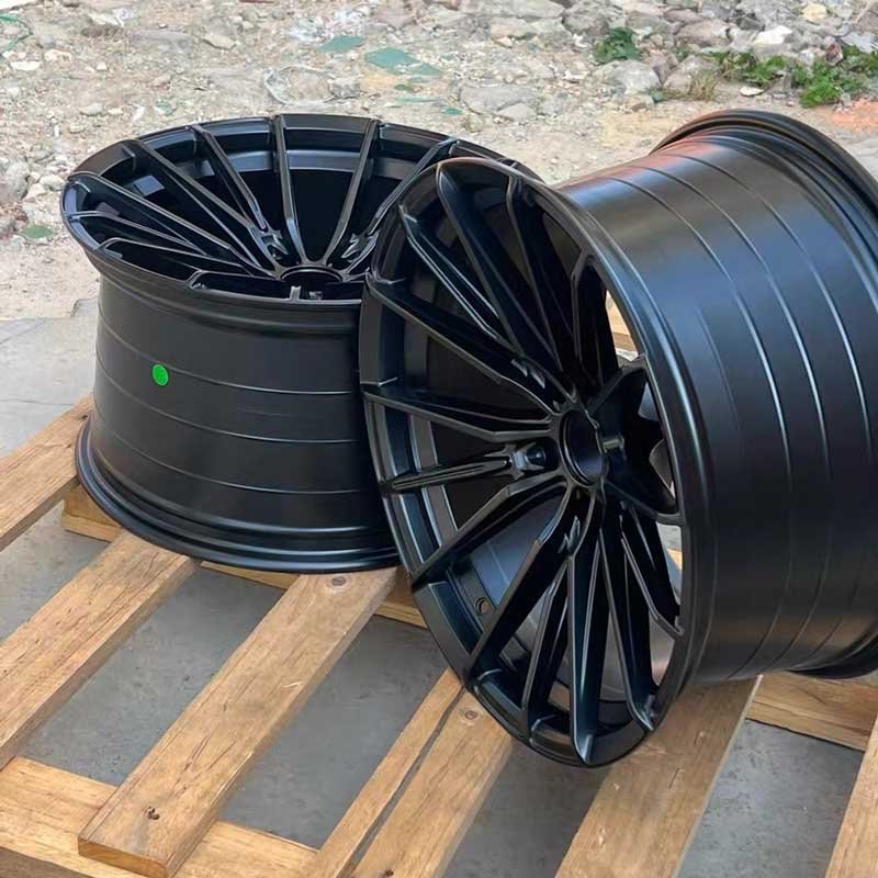 XL-MONO-SERIES-005 Satin Black Forged Wheel Unboxing Pair XL MONO SERIES-005 satin matte black forged alloy wheels unboxing showing wide barrel and concave spoke profile
