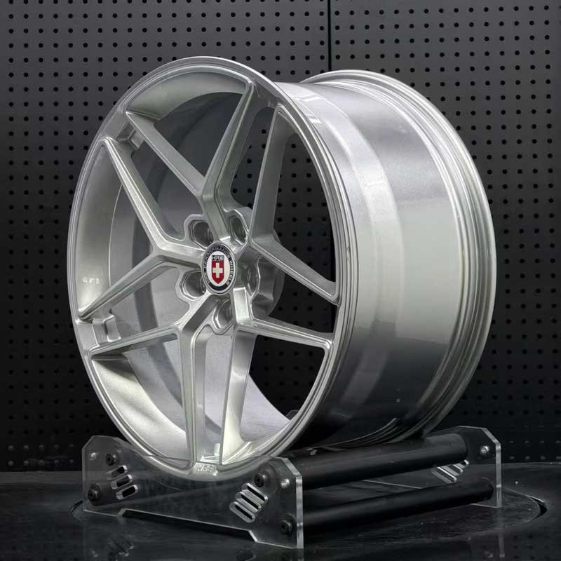 XL-MONO-SERIES-012 Concave Profile & Barrel Depth XL MONO SERIES-012 deep concave split 5-spoke forged rim angled view showing satin silver barrel depth