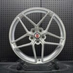 XL MONO SERIES-012 satin silver split 5-spoke monoblock forged wheel front face with HRE center cap for sports cars
