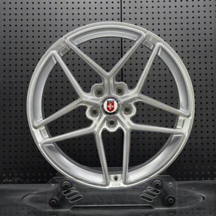 XL MONO SERIES-012 satin silver split 5-spoke monoblock forged wheel front face with HRE center cap for sports cars