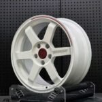 XL MONO SERIES-017 concave white 6-spoke forged racing rim angled view showing barrel depth and red time attack stripe