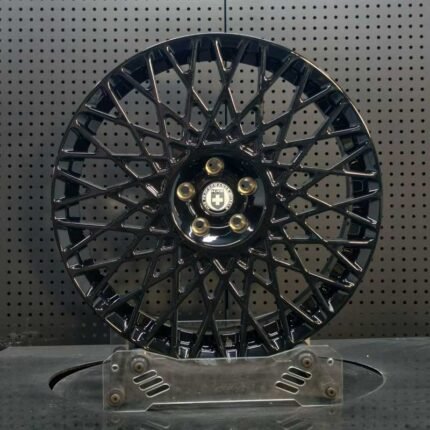 XL MONO SERIES-025 gloss black intricate lattice mesh monoblock forged wheel front face with 5-lug hub for supercars and luxury sedans