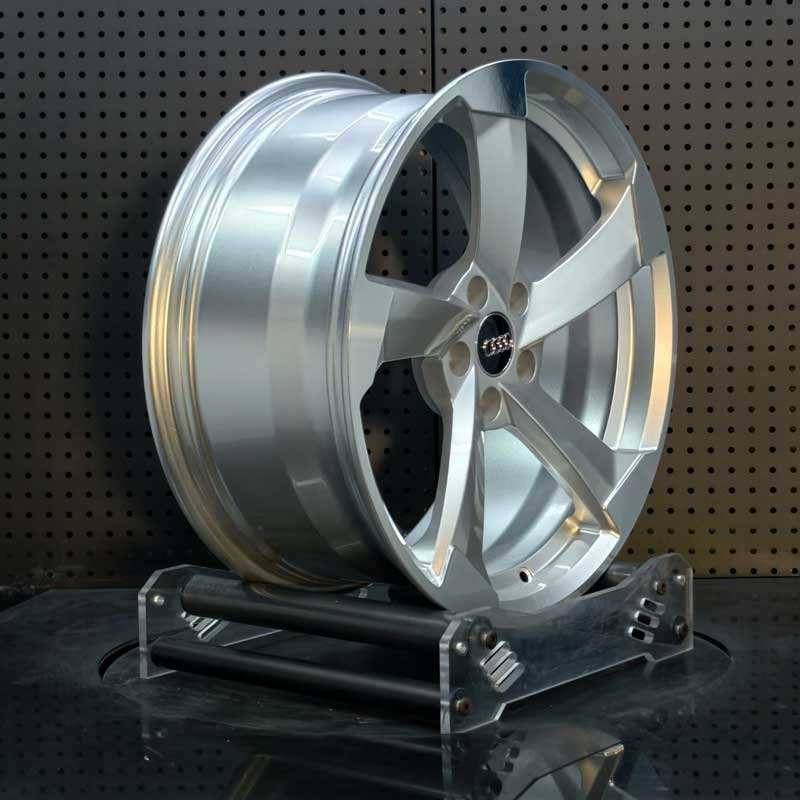 XL-MONO-SERIES-026 Concave Blade Profile & Barrel Depth XL MONO SERIES-026 concave metallic silver 5-spoke forged rim angled view showing barrel depth and rotor blade drop