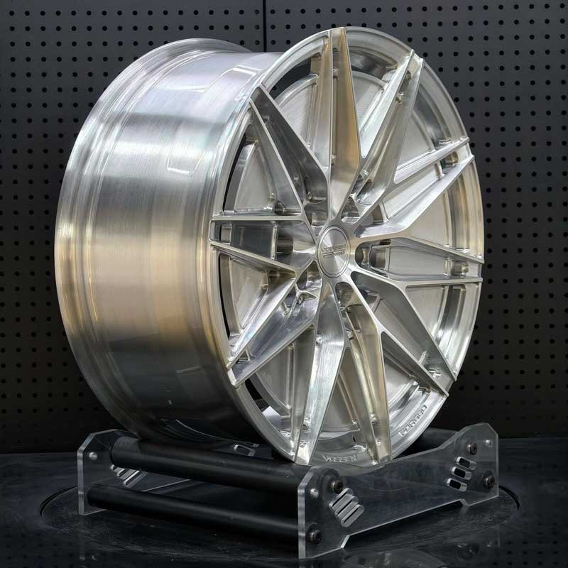 XL-MONO-SERIES-030 Concave Aerodisc Profile & Barrel Depth XL MONO SERIES-030 concave brushed clear geometric forged wheel angled view showing barrel depth and spoke drop