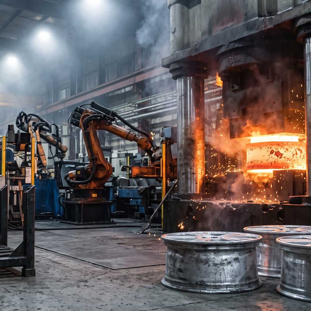 A massive 10,000-ton forging press in an industrial factory stamping a glowing red-hot 6061-T6 aluminum billet to manufacture a high-performance forged wheel.